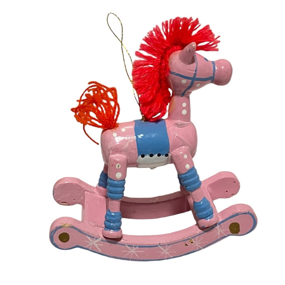 Vintage Pink Rocking Horse Wooden Christmas Ornament